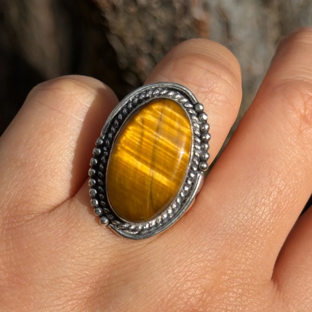 Size 6.5 925 silver plated flashy tiger eye‎ ring 0944